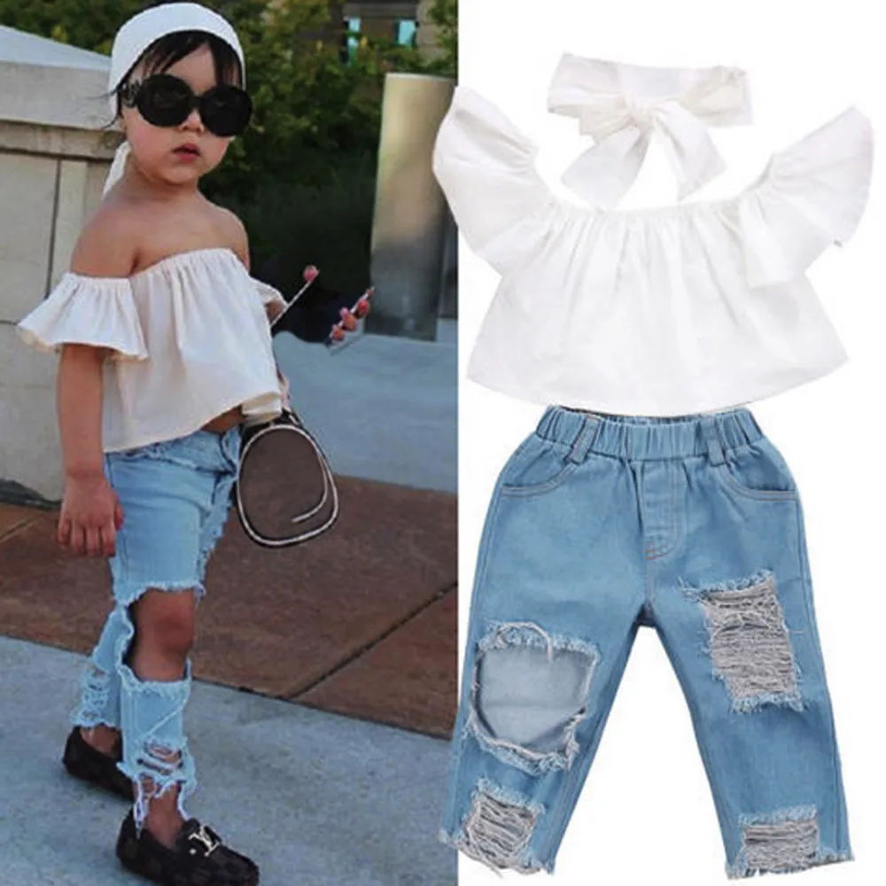 

Toddler Girl Clothes Hot Sale Summer Off shoulder Crop Soild Tops + Hole Denim Pant Jean Headband Sets Outfits Clothes 12M-5T