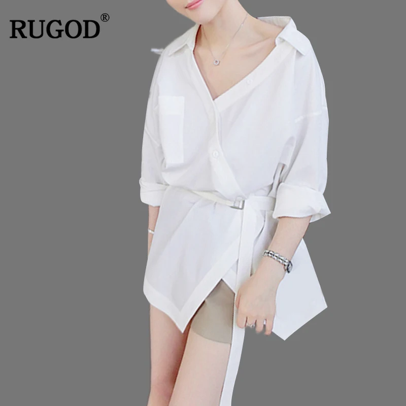 

RUGOD New Fashion Office Lady Shirt 2018 Autumn Slim Belted White Blouse Women Casual V Neck Long Sleeve Top Blusas Harajuku