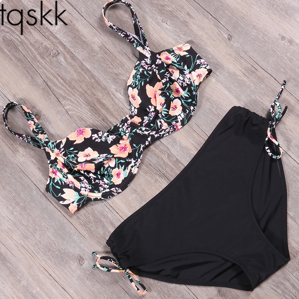 

TQSKK 2019 New Low Waist Swimsuit Plus Size Swimwear Women Swimsuit Colorful Vintage Retro Bathing Suit Push Up Bikini Set 3XL