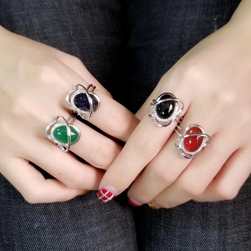 

Natural Red Black Green Onyx Stone Pure Real Silver 925 Rings Women Elegant Fashion Lady Sterling Silver 925 Cuff Ring Gifts
