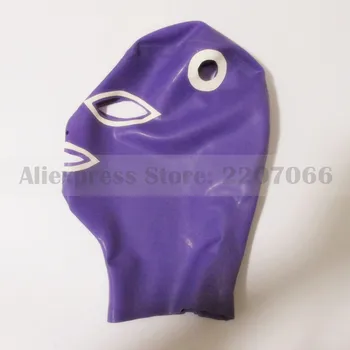 

Unisex latex rubber mask hood sexy customes purple and white trims hood with hair pass holes handmade RLM004