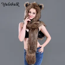 Женская мультяшная пушистая плюшевая шапочка в виде животного, зимняя теплая шапка из искусственного меха, шарф, шаль, набор, шапка из меха медведя волка с лапами, женские милые шапки