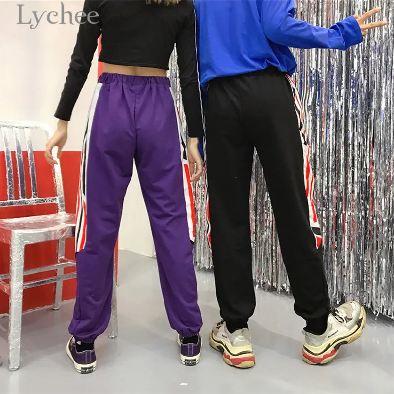 Lychee Harajuku в полоску хит цвет женские брюки эластичный пояс повседневные свободные шаровары полная длина брюки для бега