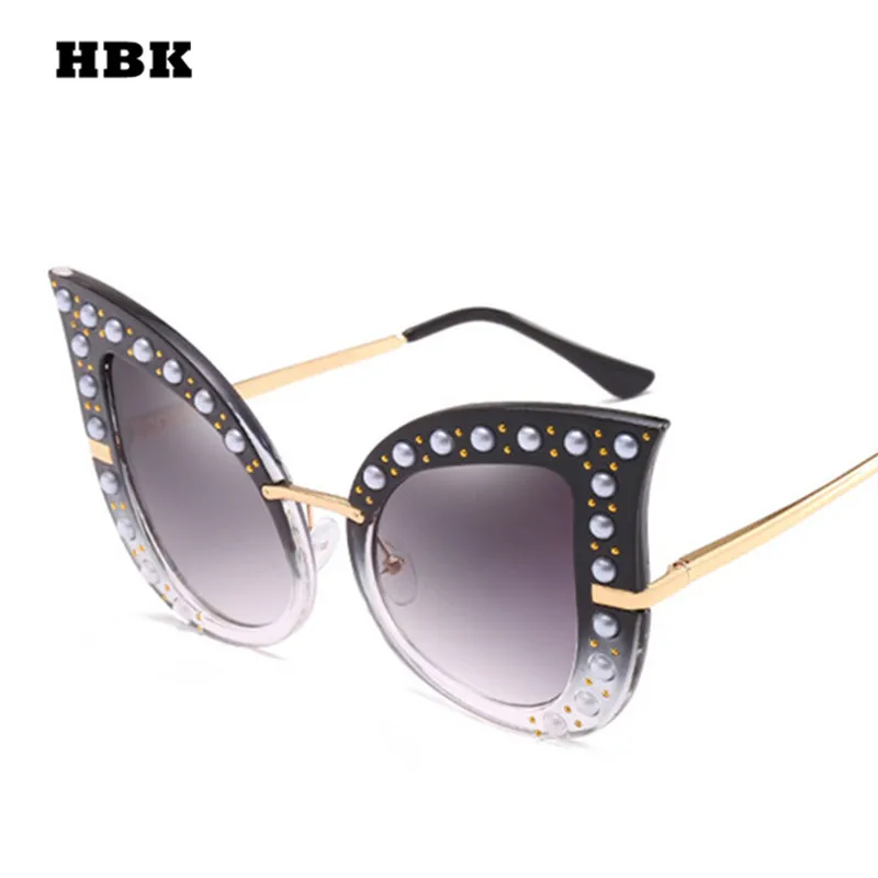 HBK Сексуальные Жемчужные розовые черные зеленые заклепки большой кошачий глаз оттенки Роскошные кошачий глаз солнцезащитные очки для женщин женские солнцезащитные очки UV400