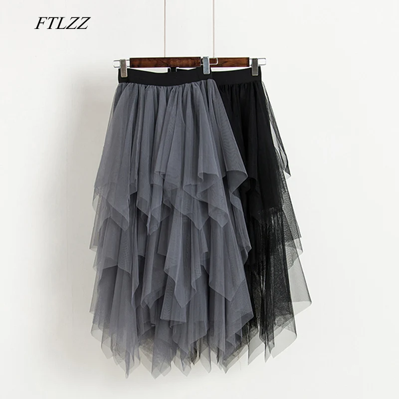 FTLZZ тюлевые женские юбки с высокой талией, сетчатая юбка шов Асимметричный плиссированная женская Юбка-миди, черные, розовые летние юбки до середины икры