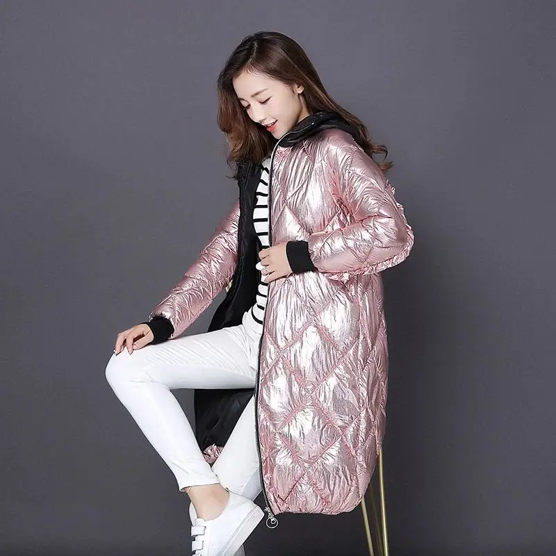 pink Модная яркая с капюшоном куртка с металлическим украшением золотистого и серебряного цветов Женская зимняя теплая длинная парка с хлопковой подкладкой новая куртка-бомбер уличная парка - Цвет: pink