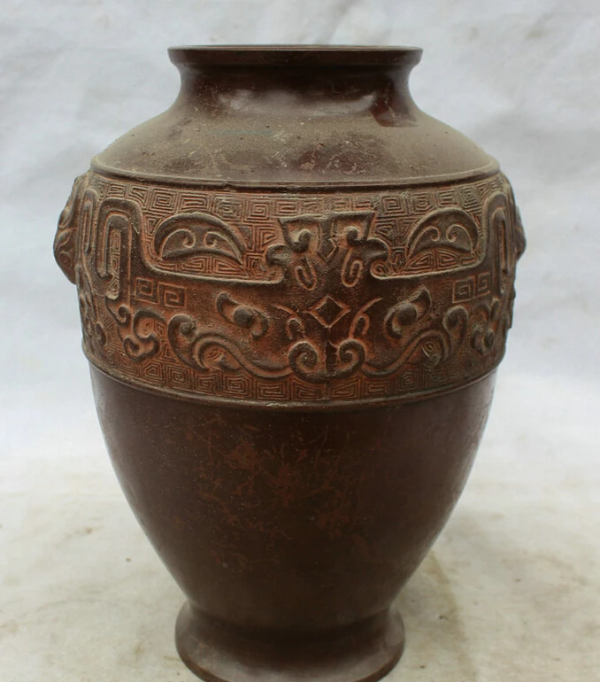 

Elegant old S5585 11" Chine Chinese palace Bronze Beast head Pot Jar Crock flower Bottle Vase statue (A0322) A0403