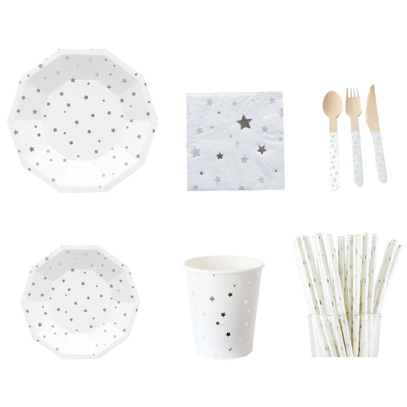 

Silver Stars Party Tablewares Disposable Paper Plates Cups Dinner Napkin Straws Wooden Spoon/Knife/Fork with Chrome Star balloon