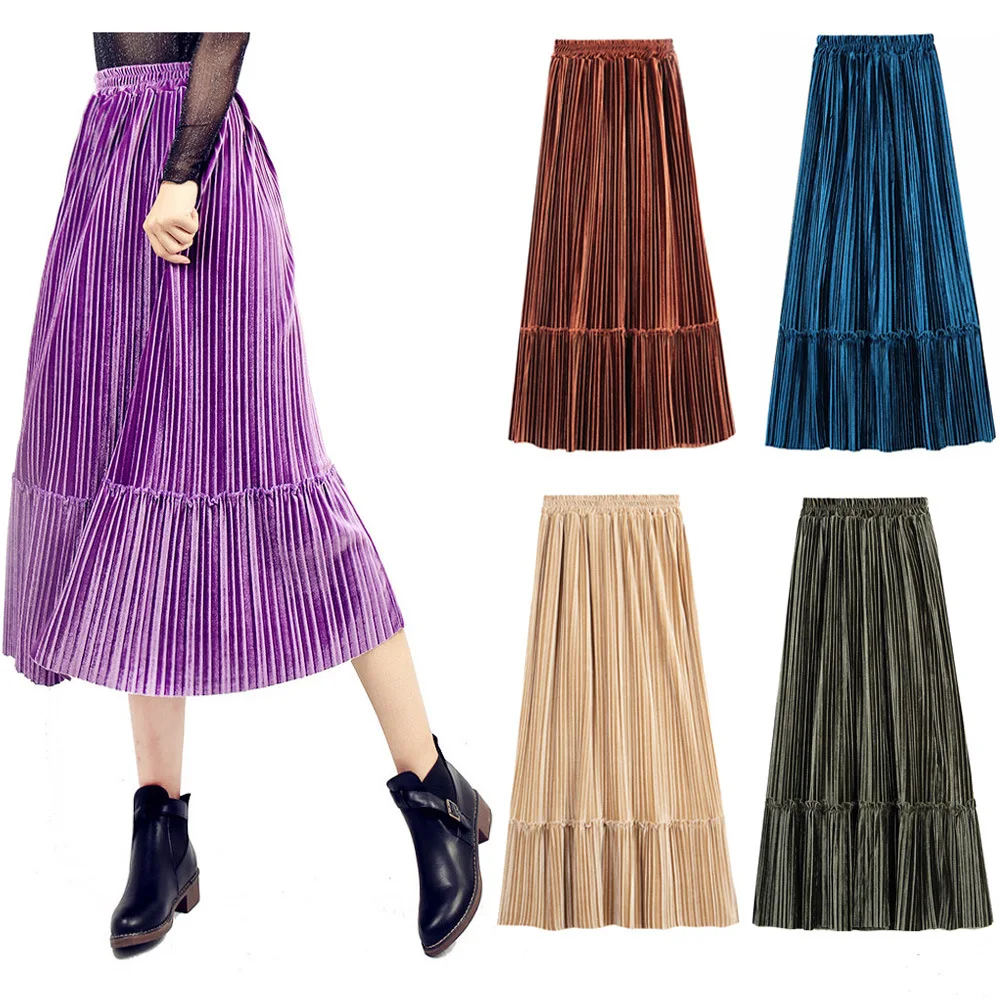 skirt Women's Elastic Waist Retro Luster Elegant Metallic Pleated A Line Maxi Skirts