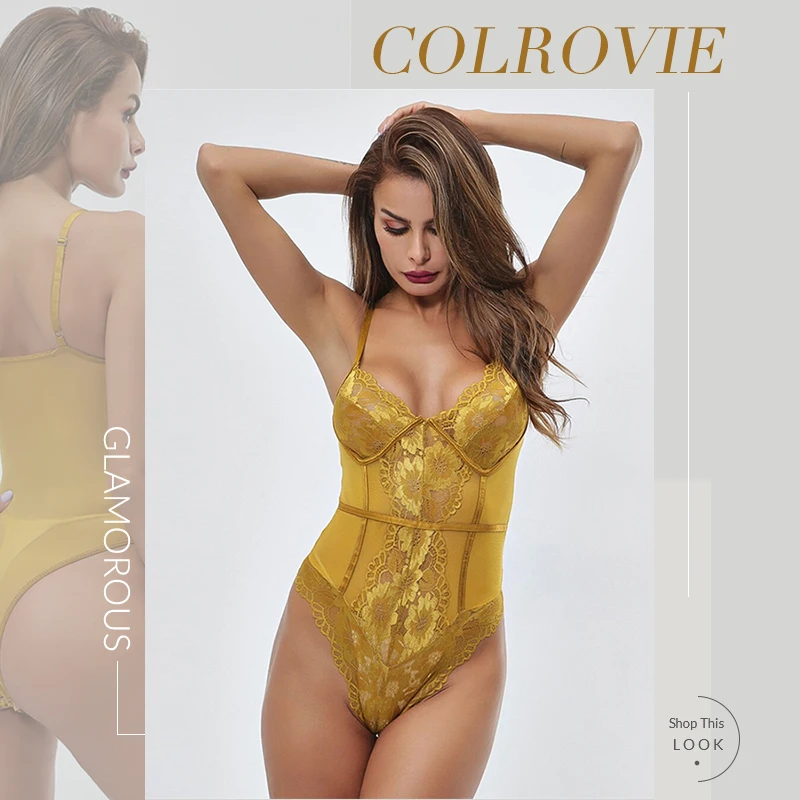 COLROVIE/желтое Кружевное боди с цветочным рисунком для женщин, летнее сексуальное женское белье, эластичное женское однотонное белье, корсет