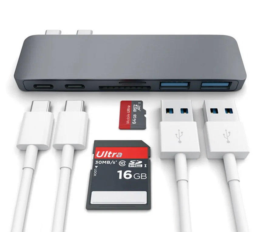Алюминиевый двойной USB C концентратор TF/SD/Micro SD кард-ридер 2 USB 3,0 тип-c разветвитель адаптер быстрой зарядки порт для Macbook Pro 13 15