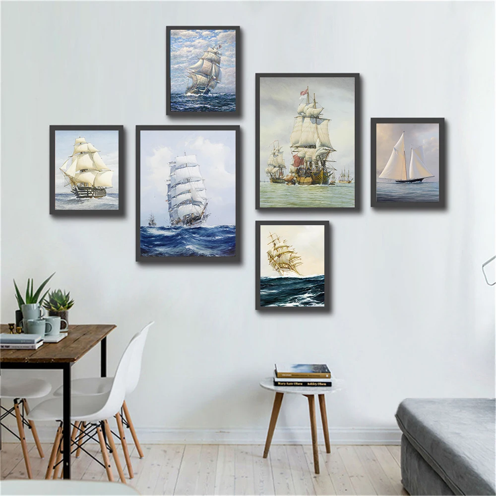 

Vintage Noridc High Quality Silk Painting about Ship Sailboat Poster Wall Pictures for Living Room Kids Room Decoration Cuadros