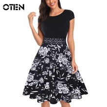 OTEN Women's Vintage Cap Sleeve Floral Flower Print Patch kleding vestidos pin up Cocktail Swing Party Summer Dress vintage style flower print swing dress