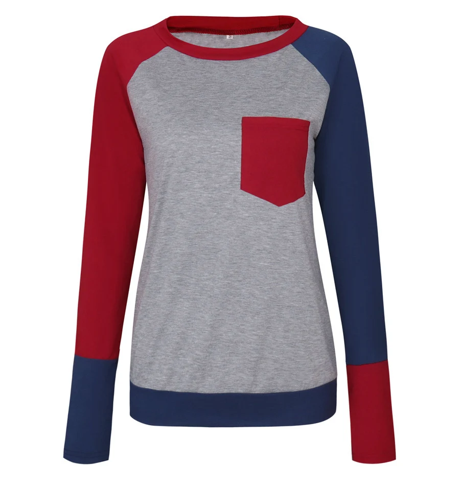 Gladiolus Hot Fashion Patchwork T Shirt Women 2018 Long Sleeve O-Neck Pocket Style Women Tops T-shirt Autumn Ladies Tee Shirts  (38)