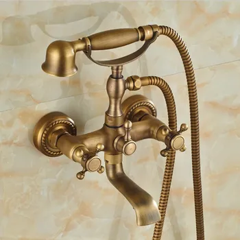 Antique Brass Two Cross Handles Wall Mounted Clawfoot Bath Tub Faucet Mixer Tap Telephone Style Hand Held Shower Head Set atf351 modern wall mount polished chrome brass bathroom clawfoot hand shower faucet mixer tap set telephone shape hand spray ana209