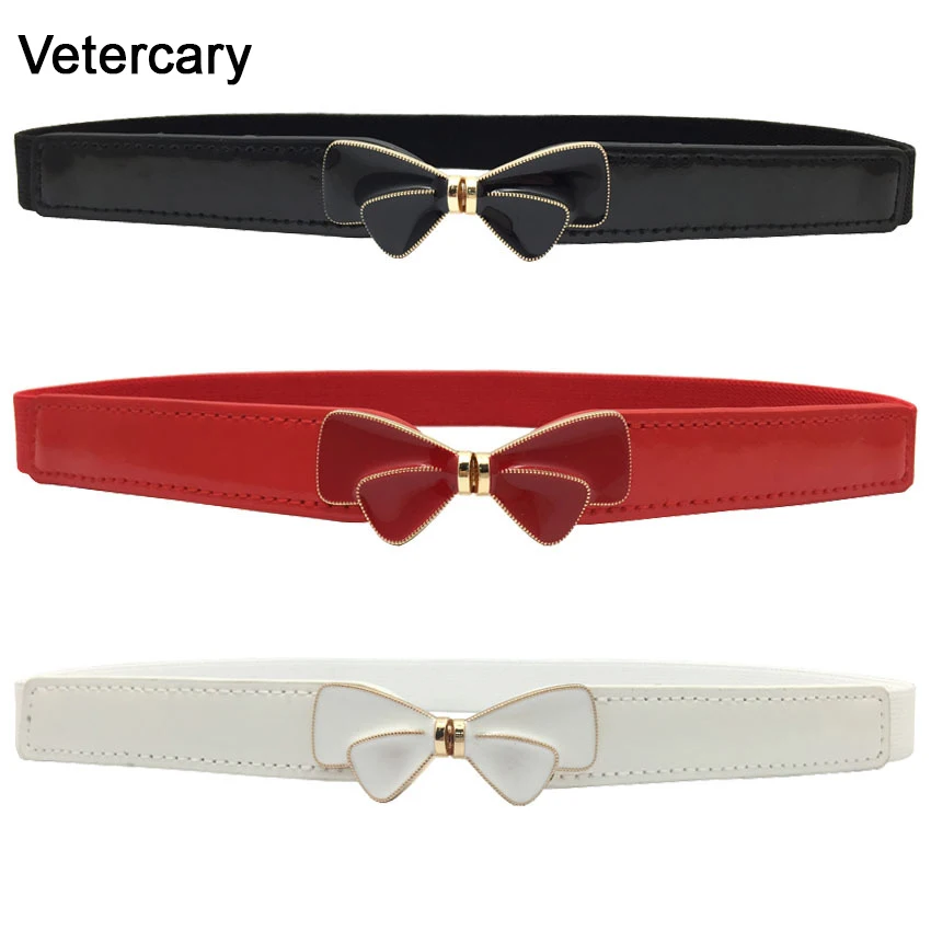 Women Black Leather Belt Lady Bowknot thin Waistband Elastic Fashion