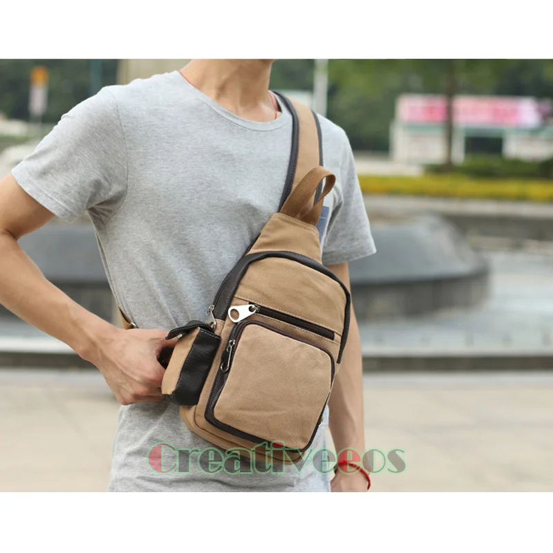

New Men Canvas Leather Travel Cross Body Messenger Shoulder Back pack Sling Chest Bag Pouch