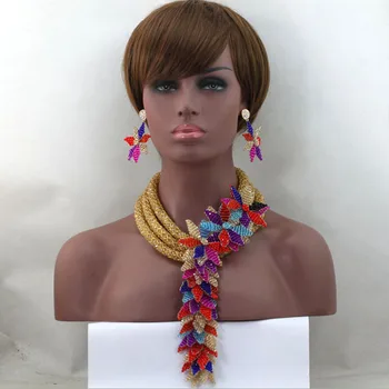 

Luxury Champagne Gold Nigerian African Wedding Beads Jewelry Set Colorful Flower Brooches Statement Necklace Set Hot WD248