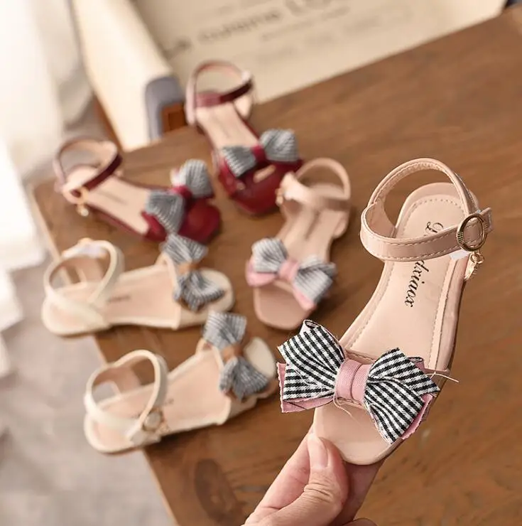 

Summer Children girls PU shoes Girl princess bowknot grid Shoes Flat casual shoe 21-25 beige red pink D-12 TX07