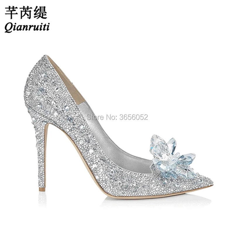 

Qianruiti Bling Crystal Flower Silver Cinderella Princess Shoes Rhinestone High Heels Ladies Glitter Pumps Wedding Shoes Bride