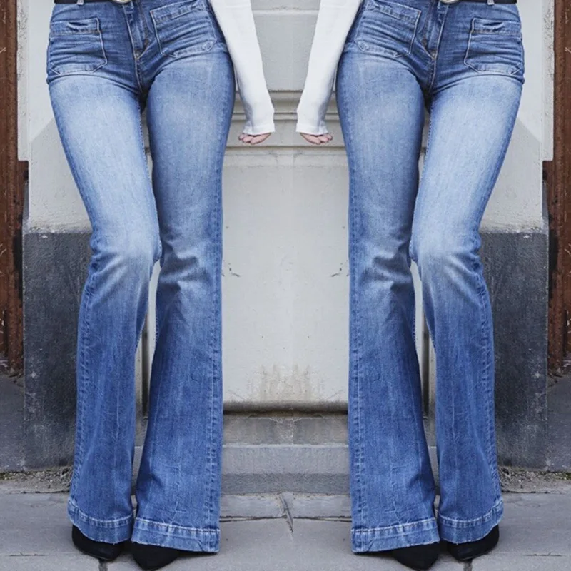 Весенние винтажные джинсы женские узкие джинсовые брюки с высокой талией расклешенные брюки длинные расклешенные джинсы A-015 - Цвет: PIC BLUE