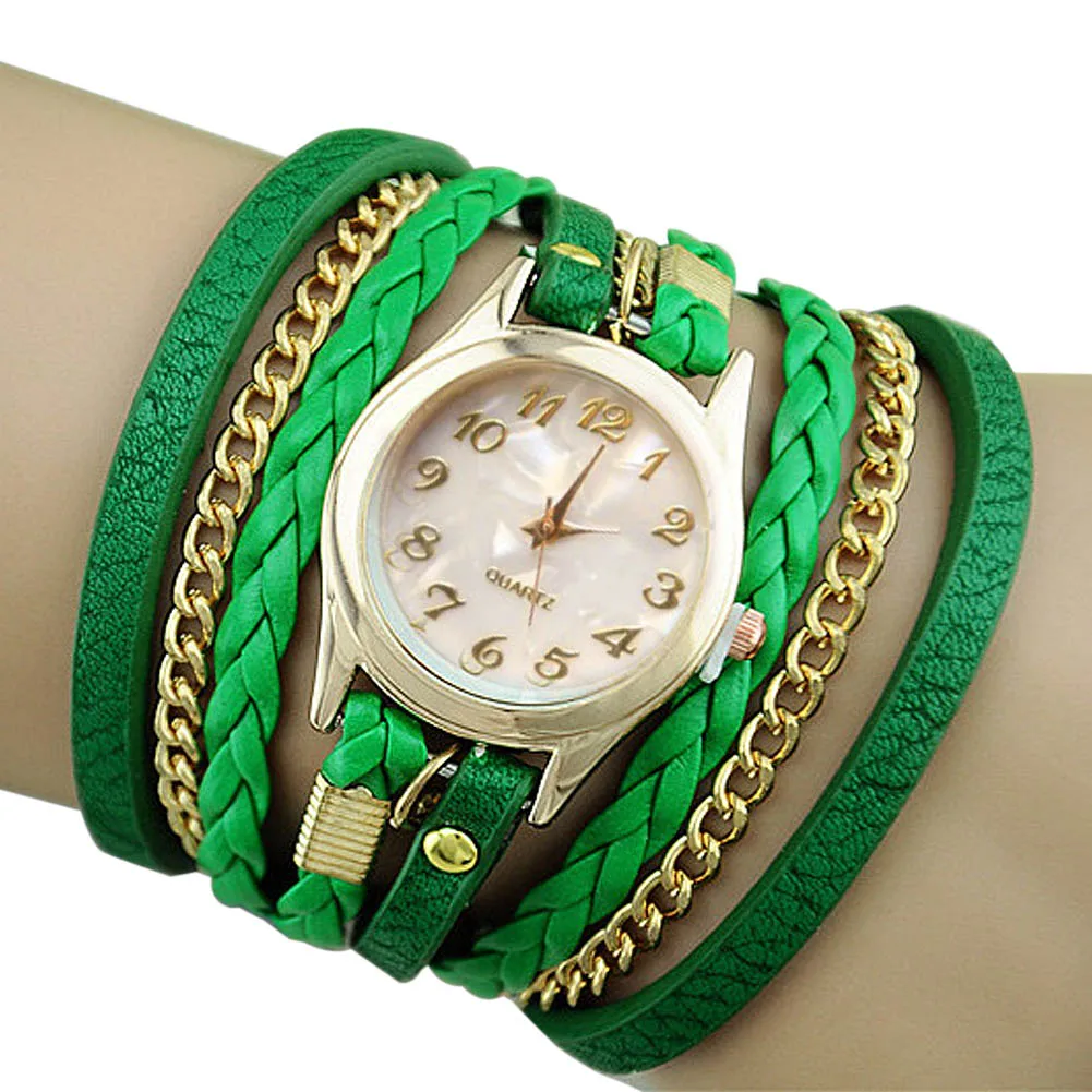 Модные в Корейском стиле, ретро браслет часы Женщина повседневное вязать длинные кожаные кварцевые цифровые часы LXH - Цвет: Зеленый