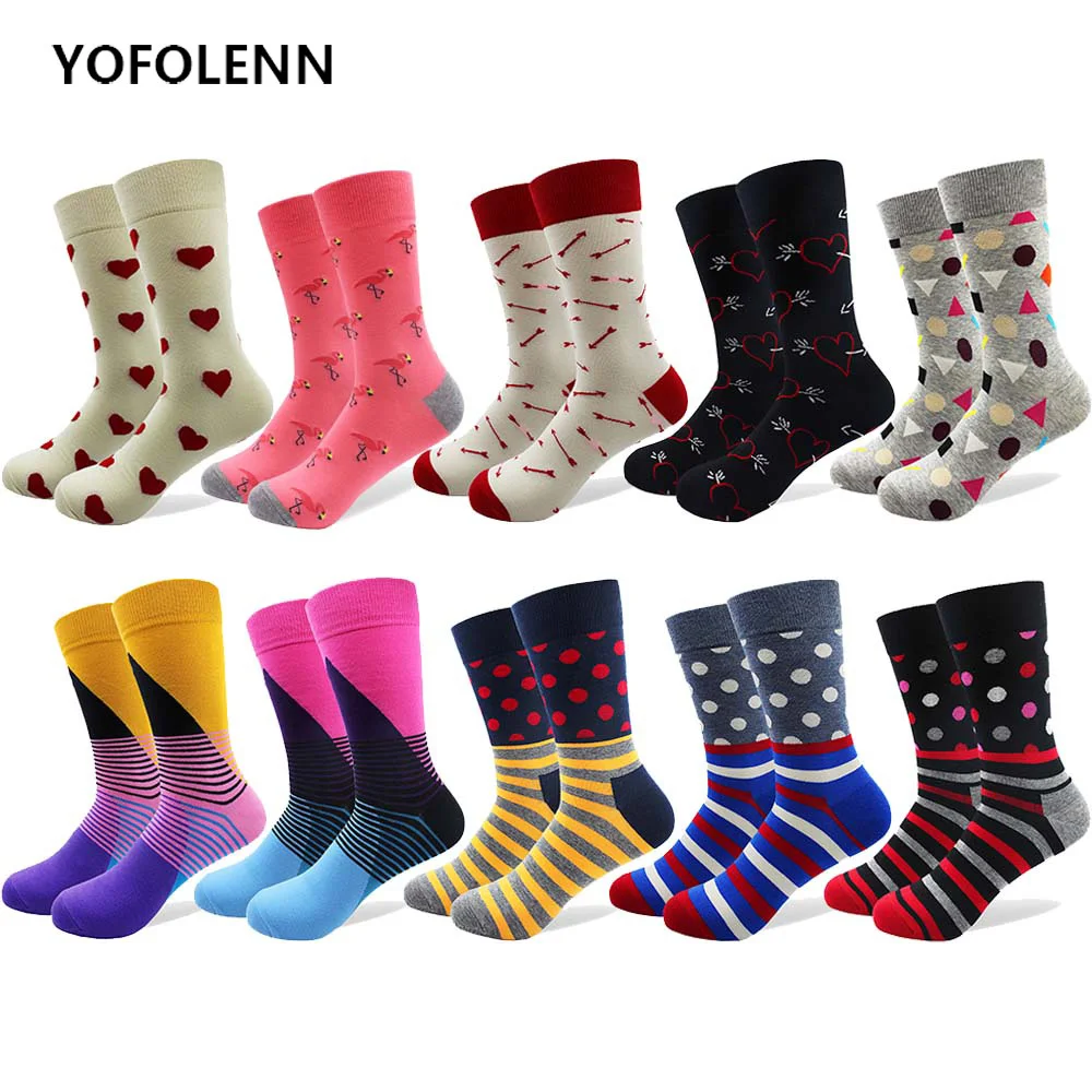

10 Pairs/lot Funny Men's Combed Cotton Socks Arrow Heart Dot Stripe Pattern Colorful Long Crew Cool Breathable Socks Happy Crazy