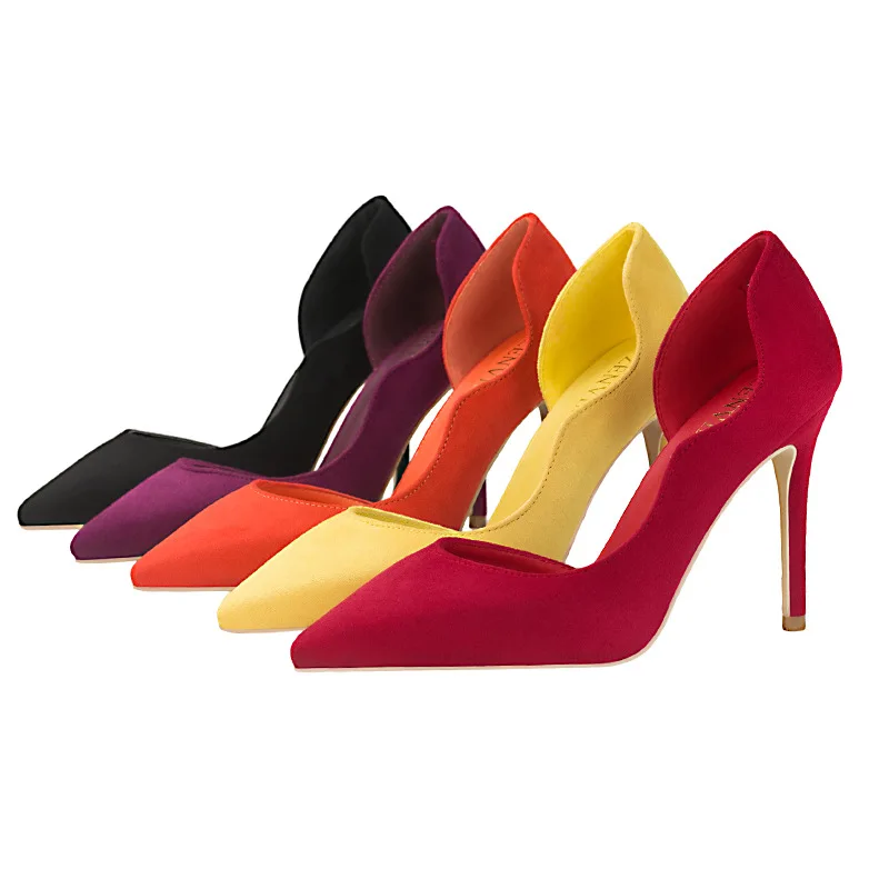 

Luxury Women Flock Sexy High Heels Pumps Designer Black Orange Heels Red Wedding Shoes Plus Size Party Female Office Lady shoes