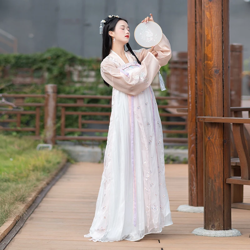 Модное традиционное платье Hanfu с вышивкой династии Тан, древний костюм, платье феи, одежда для народных танцев Hanfu для сцены