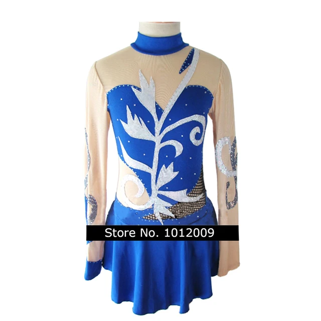 Best price at $108 Cheap Customized Costume Ice Skating Figure Skating Dress Gymnastics Blue Adult Child Girl Skirt Competition Rhinestone Long Sleeve