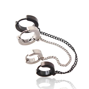 

Titanium Steel Men ear chain Double pierced eardrop clip dangle Earrings 2pcs