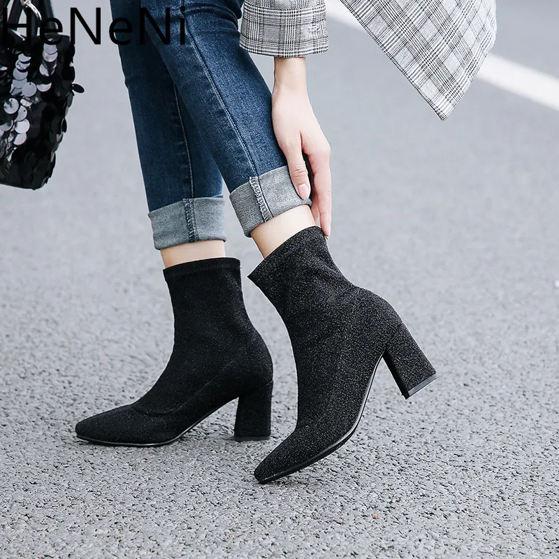 

New Stretch socks boots Women Shoes Slip ankle boots spring elegant Square high heels shoes female black silver Plus size 32-44