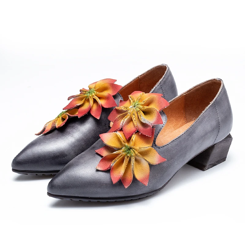 

Original manual 2019 spring folk-custom manual Flower Genuine Leather Women's shoes Retro Brush Cowhide Single Shoes