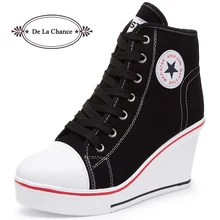 DE LA CHANCE Women Shoes Hidden Wedge Invisible Heel Shoes 2018 Women Casual Shoes Canvas High Top Breathable Platform Sneakers