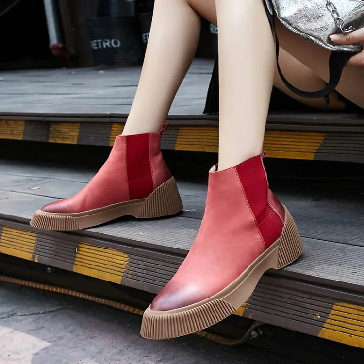 MLJUESE/; женские ботильоны из коровьей кожи; Цвет Красный; зимние короткие плюшевые ботинки в стиле ретро с острым носком; женские ботинки челси на плоской подошве