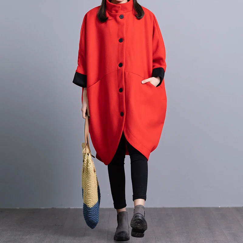 Fashion Winter Women Wool Jacket Cape Coats Ladies Casual Red Black