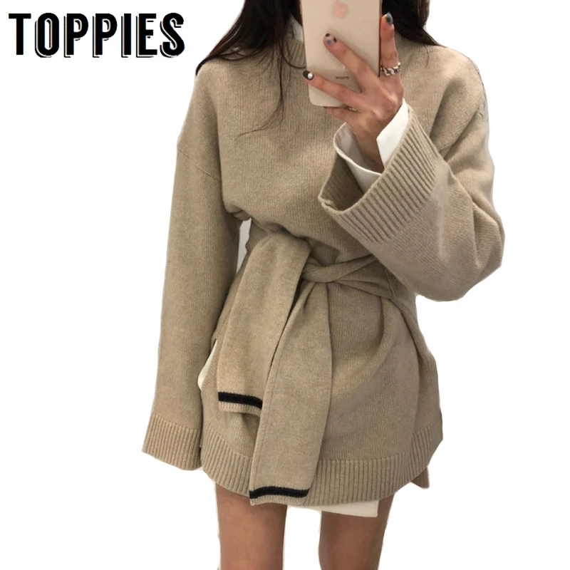 2019 Autumn Winter Kahaki Knitted Sweater Fake Sleeve Bandage Waist Korean Style Woman Jumpers | Женская одежда