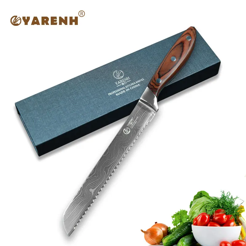 

YARENH 8" Bread Knives with Color wooden handle Japanese damascus steel serrated knife cooking knives best kitchen knives