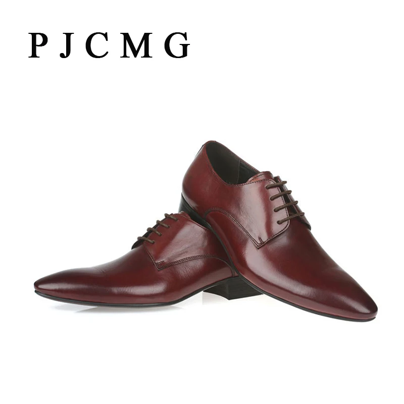PJCMG New Fashion Men's Business Casual Oxford Pointed Toe Genuine Leather Flat Wedding Breathable Dress Oxfords Brand Shoes