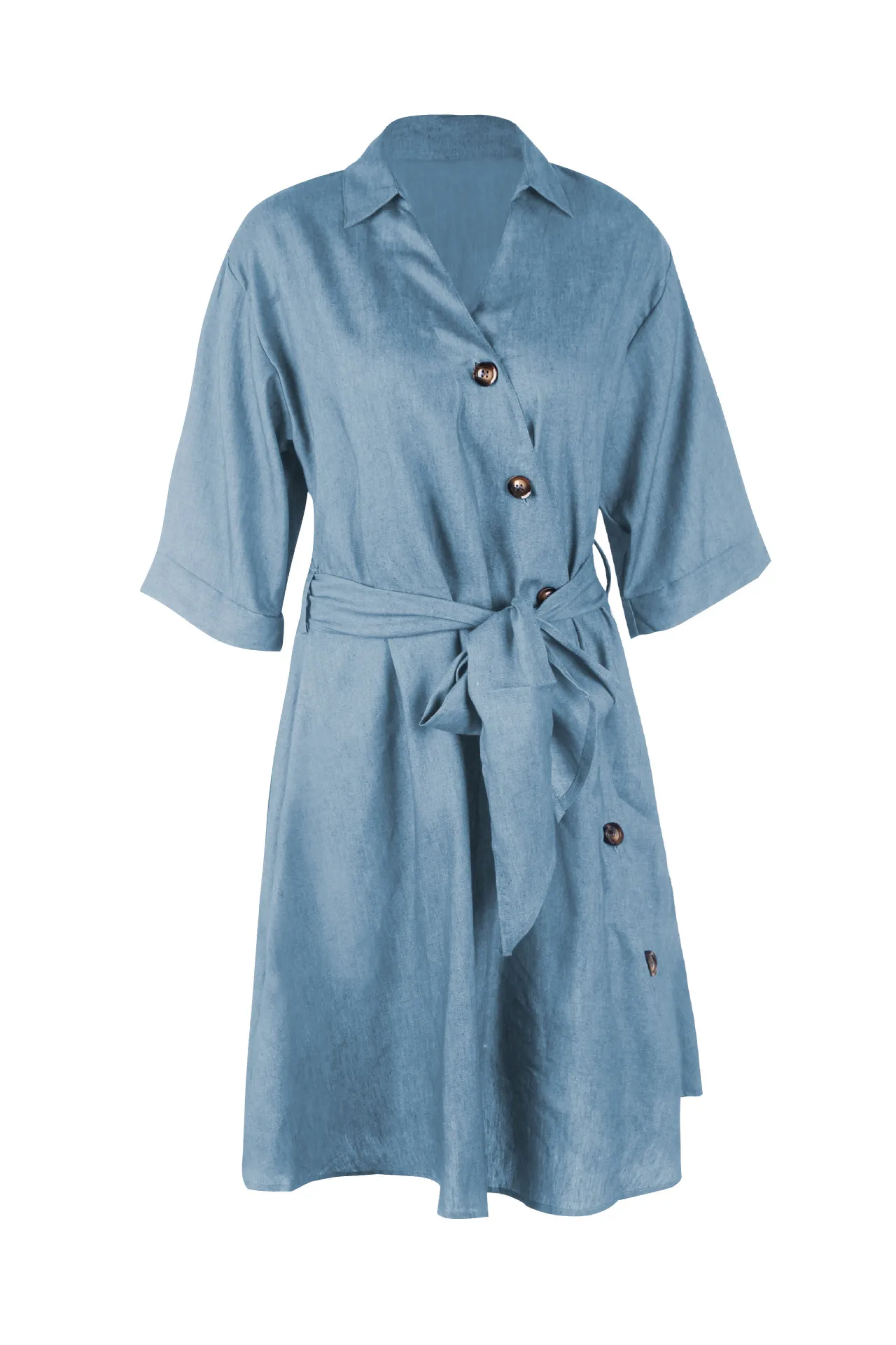 Весна Лето Женское повседневное джинсовое платье-рубашка однобортное с v-образным вырезом и коротким рукавом однотонное элегантное джинсовое платье женская одежда