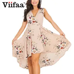 Viifaa Boho Стиль цветочный Повседневное Розовое платье Для женщин Глубокий V Средства ухода за кожей шеи Сексуальная Асимметричная Платья для