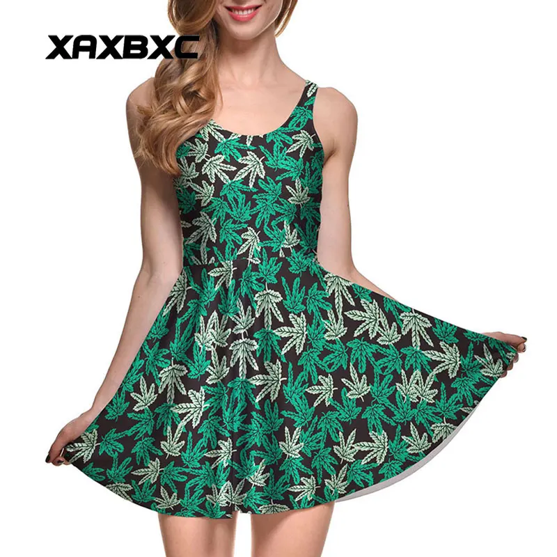 

NEW 1020 Sexy Girl Summer maple leaf Weed 3D Print Reversible Sleeveless Skater Women Pleated Dress Plus size