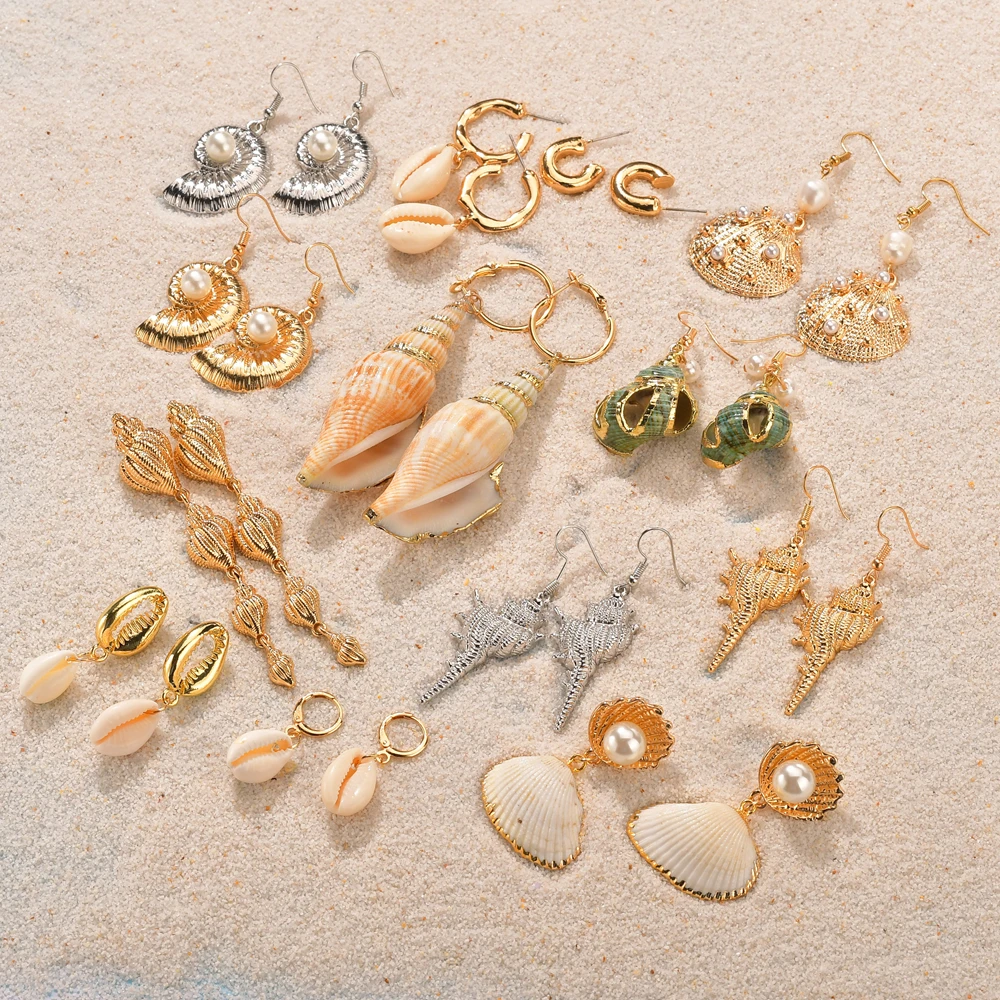 

Sea Shell Earrings For Women Gold Color Trendy Metal Shell Cowrie Statement Dangle Earrings 2019 New Summer Beach Jewelry