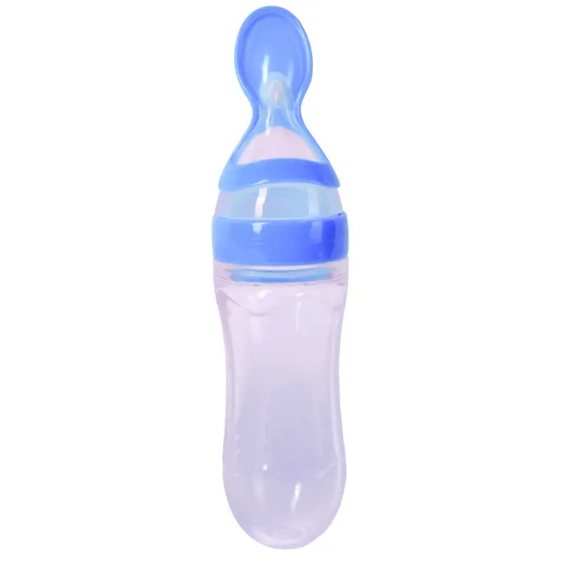 Детская бутылочка для кормления из силикагеля, ложка для новорожденного малыша, пищевая добавка, рисовые хлопья, ложка, бутылочка, тренировочная кормушка - Цвет: blue