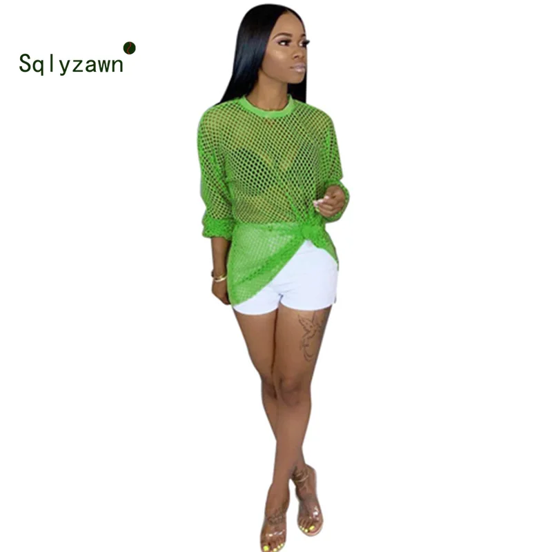 

2019 New Summer Neon Green Soft Fishnet Mesh Blouses Shirts Long Sleeve Sunscreen Shirt Women Tops Tees Knitted Shirt Streetwear