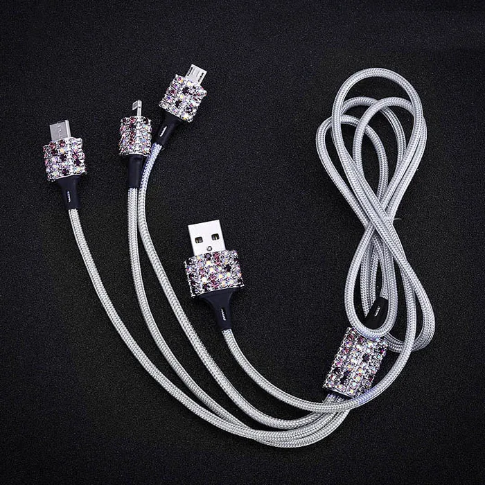 3 в 1 USB кабель для iPhone кристалл алмаза автомобиля Быстрая зарядка кабель для все микро-usb для устройств на аndroid type C type-c кабели для мобильных телефонов - Название цвета: Purple