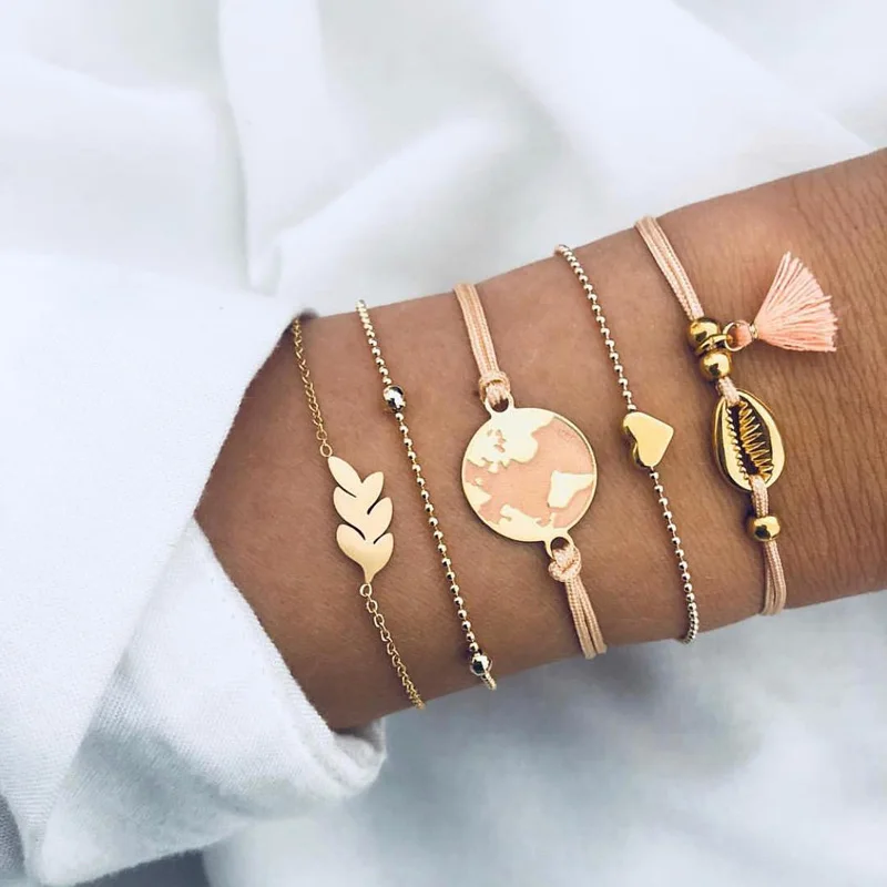 

5pcs/set Bohemian Shell Bracelet Earth Love Leaf Tassel Charm Bracelets Set Women Multilayer Chain Rope Bracelet Jewelry