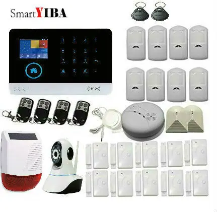 

SmartYIBA Wifi GSM GPRS SMS Alarm Kits APP Control Solar Siren Fire/Smoke Detector IP Camera Surveillance For Security Alarm