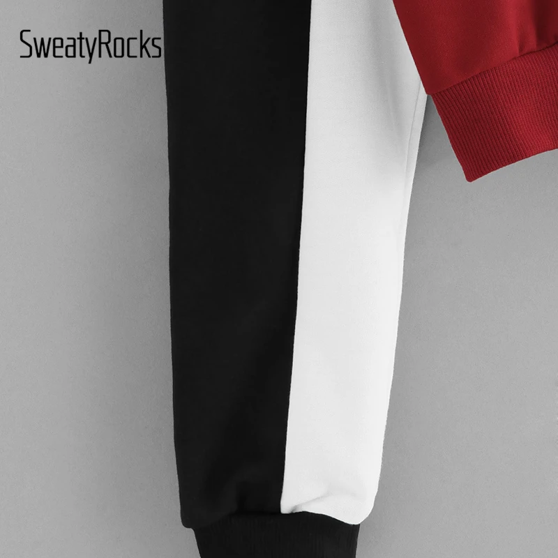 SweatyRocks Color Block Zip Up Sweatshirt Women Crop Tops Turn-Down Collar Long Sleeve Streetwear A
