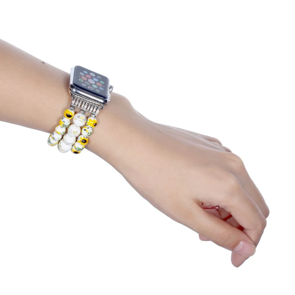 Женские цветочные керамические бусины стрейч браслет для Apple Watch Группа Браслет ремешок для iWatch 42 мм 38 мм 44 мм 40 мм серия 4 3 2 1